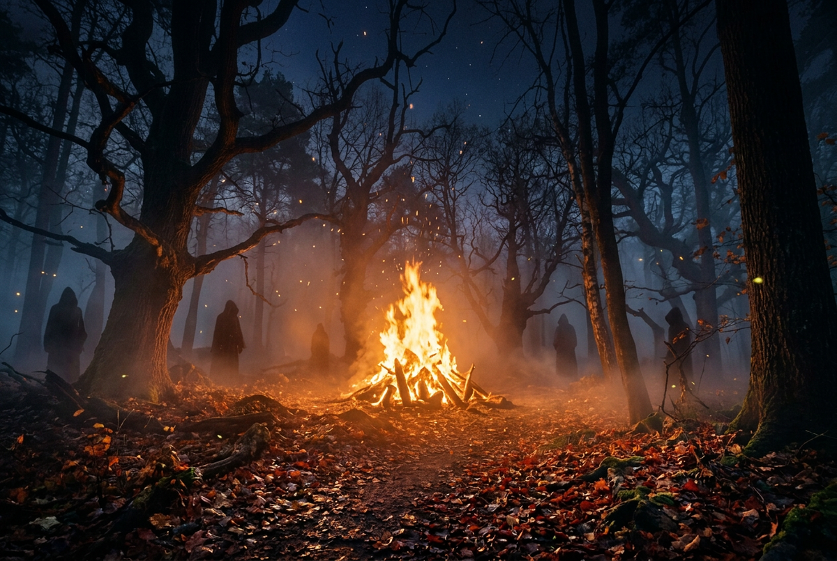 Notte di Samhain: bosco al buio con sagome e falò